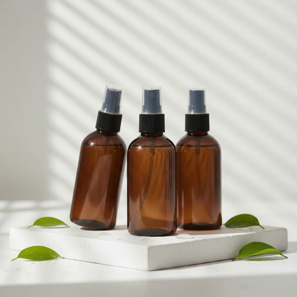 4oz Amber Plastic Multi-Function Bottle with Pump Sprayer and Screen Printing for Essential Oils & Cosmetics