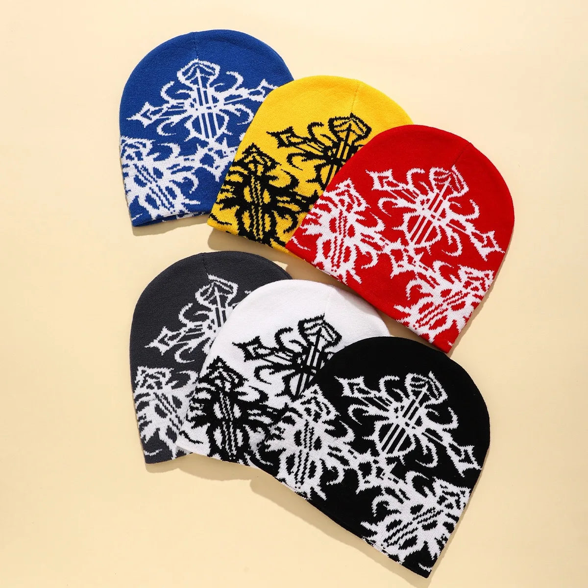Luxury All-Over Jacquard Acrylic Beanie Hat with Custom Logo 3D Embroidery Letter Pattern