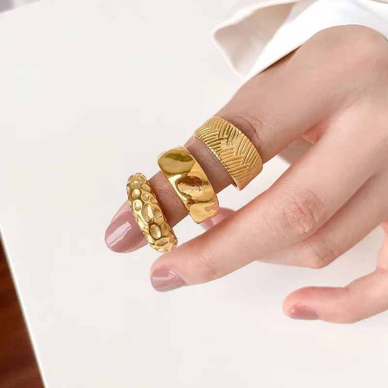 Statement 18K Gold Plating Wide Band Rings Stainless Steel Grain Pattern Thumb Rings for Women