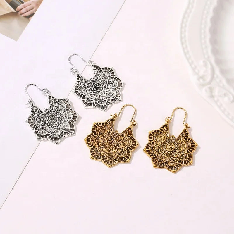 Women's Trendy Simple Lotus Flower Hollow Heart-shaped Geometric Totem Circle Drop Earrings Available in Silver Gold Wholesale