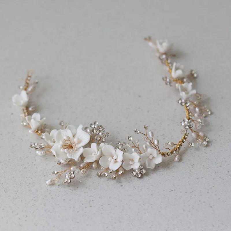 SLBRIDAL Handmade Luxury Rhinestones Porcelain Flower Freshwater Pearls Bridal Headband Wedding Bridesmaids Women Hair Jewelry