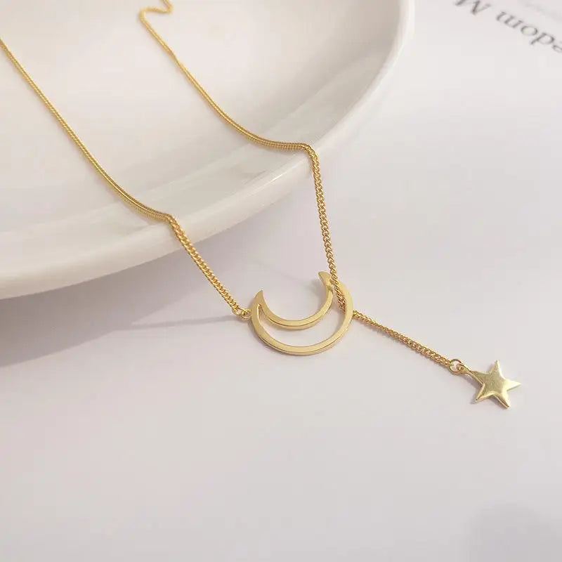 HOVANCI New Arrival 925 Sterling Silver Moon Star Pendant Long Choker Clavicle Necklace Trendy S925 Star Moon Christian Party
