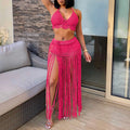 GX102 Summer Crochet Hand Knitted Two Piece Bikini Sets Swimsuit for Women Halter Neck Bra Top Tassel Maxi Skirt Beach