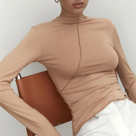 Enyami Fall Spring Y2K Fashion Knitted Viscose Long Sleeve Tee Shirt Female O Neck Colorline Design Slim Casual Women Tops