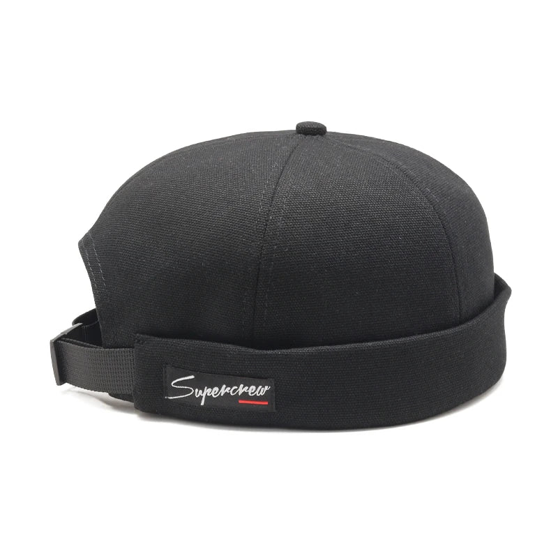 Custom logo Applique Woven Label Mens Docker Hat Brimless Cap With Adjustable Buckle