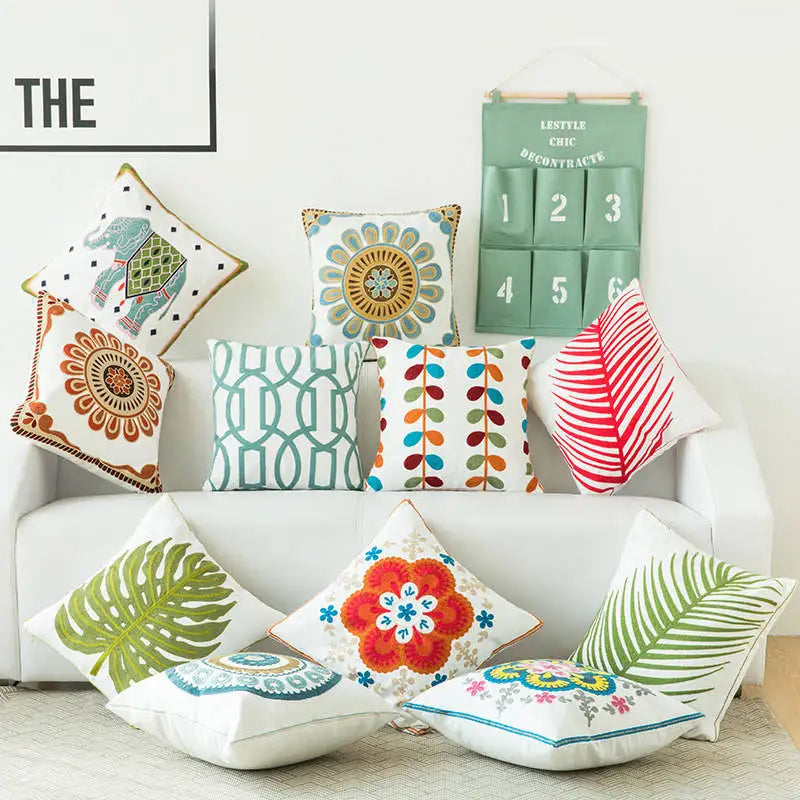 Simple Nordic Vintage Ethnic National Handmade Flower Embroidered Boho Home Deco Cushion Cover