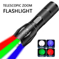 4-Mode Rechargeable LED Flashlight Multifunctional Torch in White Red Blue Green Aluminum Alloy Body 10W USB Charged