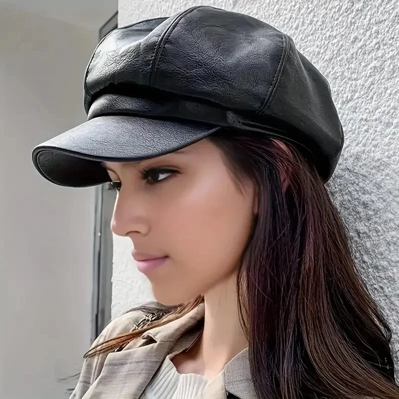 Unisex PU Leather Newsboy Hat Octagonal Beret Elegant Painter Cap Gatsby Cap