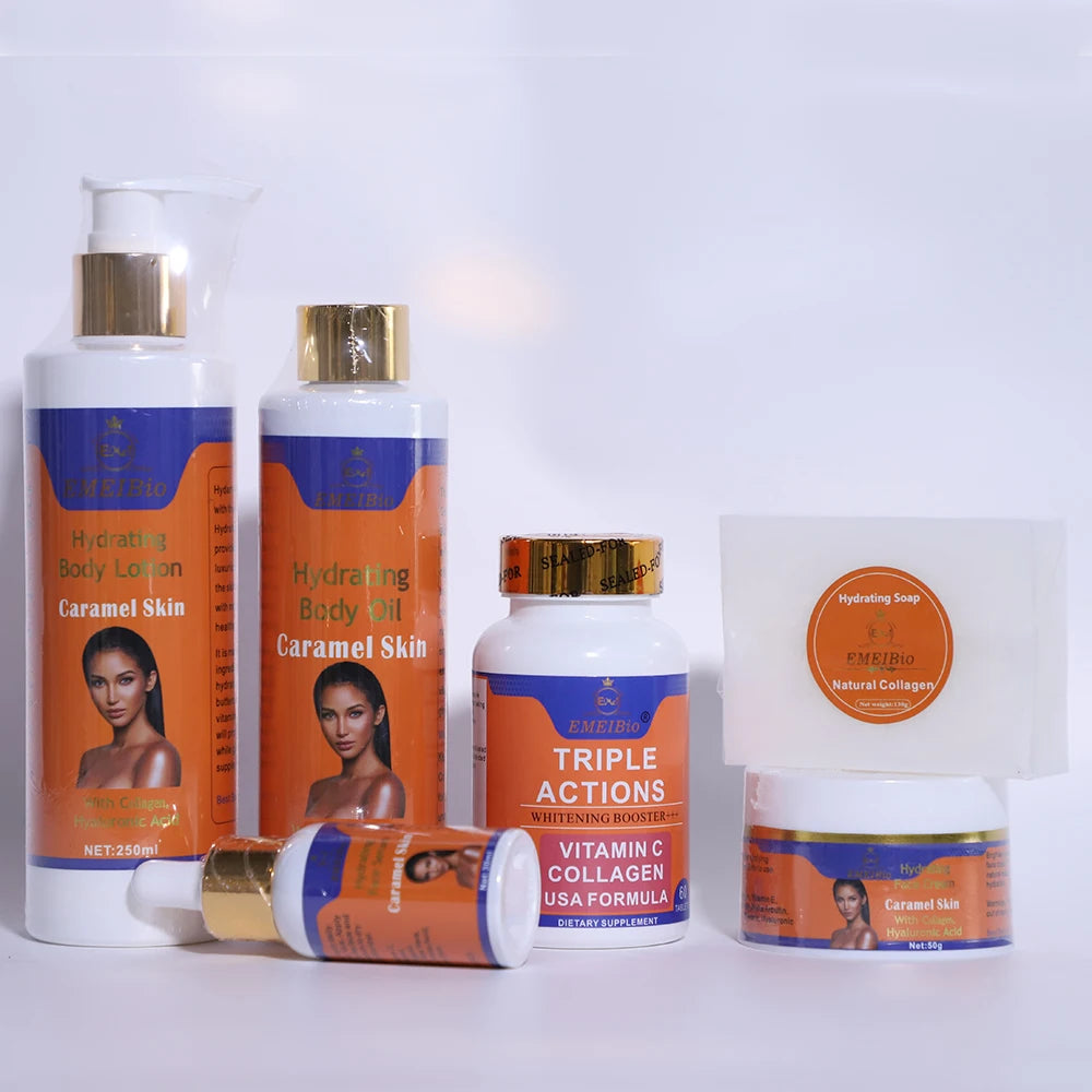 Best Private Label 250ml Body Lotion Face Cream Serum Oil Full Set Skin Care Products Caramel Glowing Skin Care Set