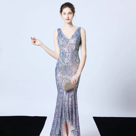 18016# Evening Dress Female V-neck Sexy Night Show Socialite Party Dress Dinner Host