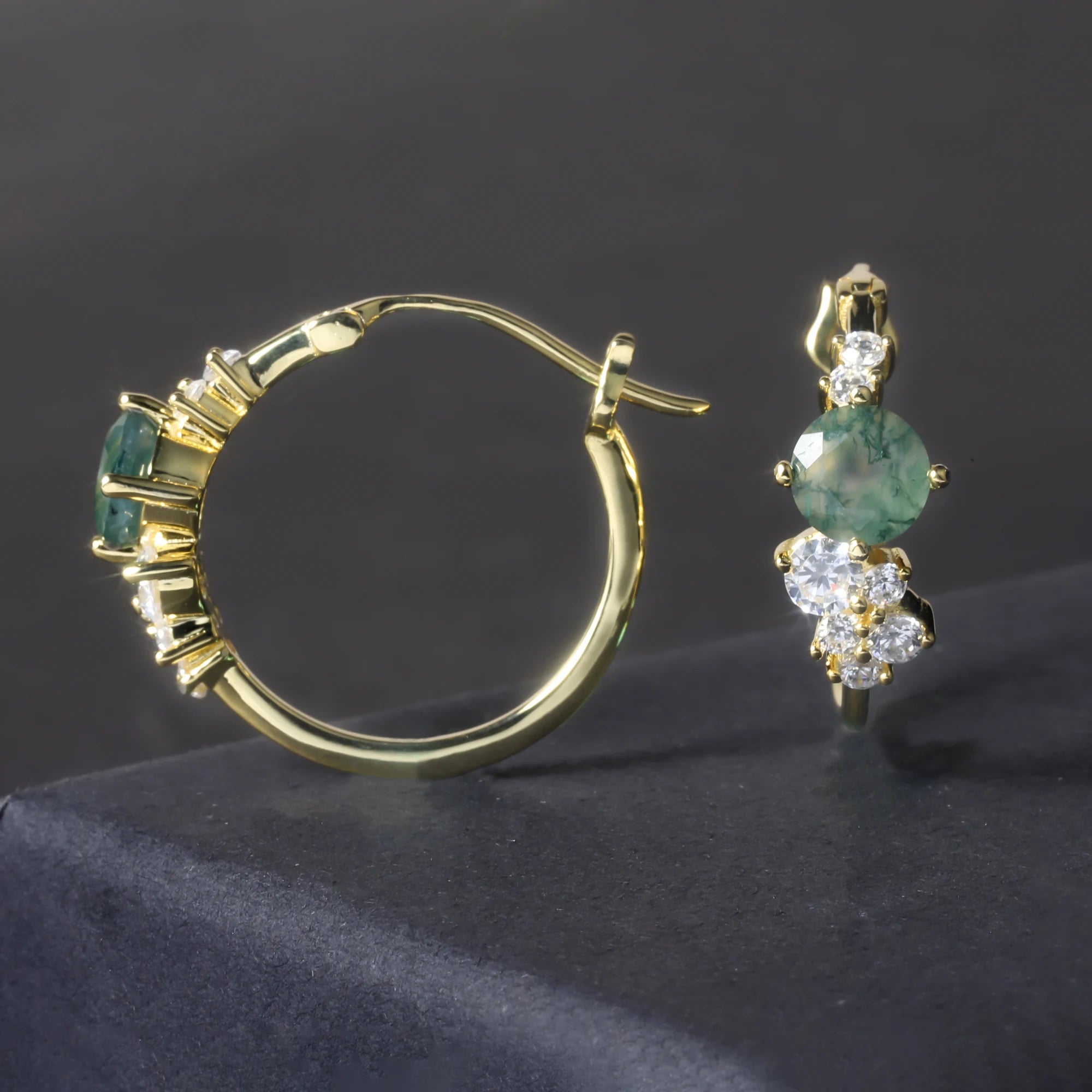 OL1007 Abiding Jewellery China Manufacturer 2026 Designs Silver Natural 6mm Moss Agate Hoop Earrings With White CZ