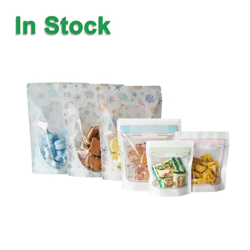Cute Printed Heat Sealable Resealable Zipper Self Standing Poly Plastic Food Packing Pouches Bags With Window