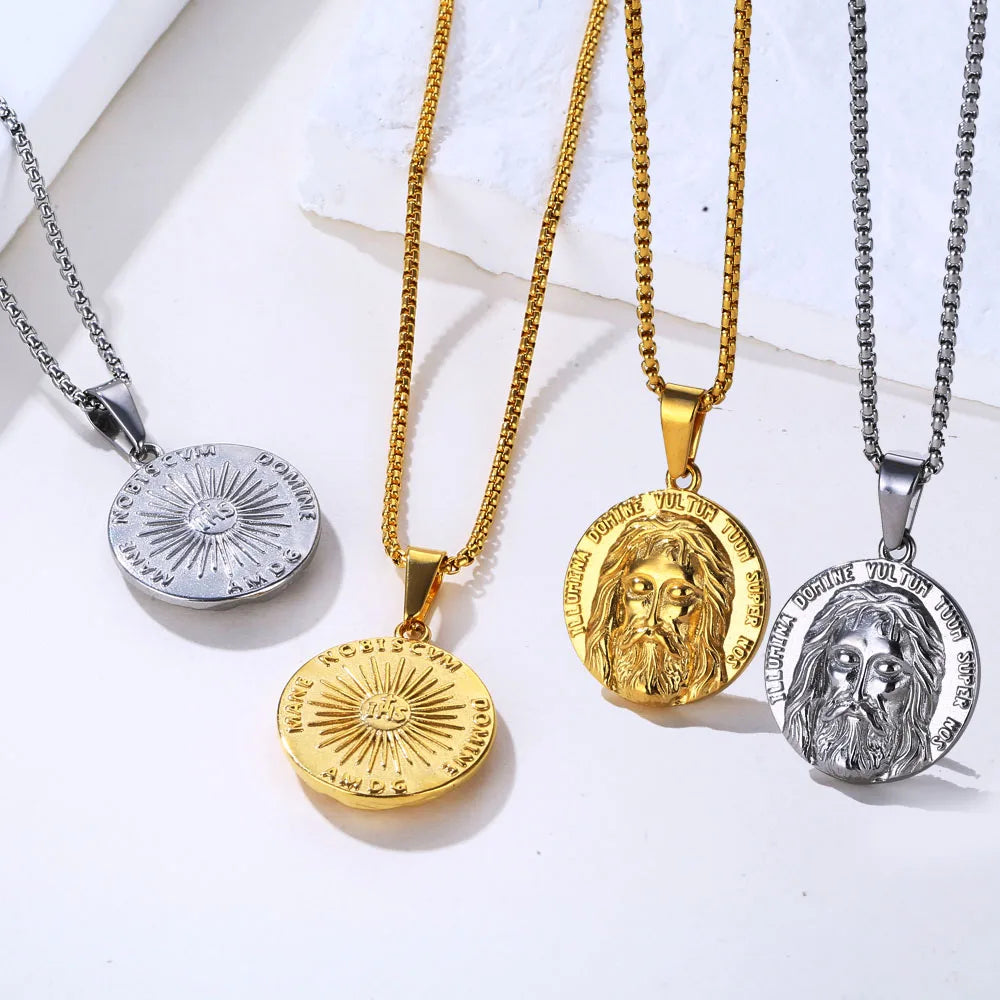 Retro Men Fashion Christian Necklace Stainless Steel Mane Jesus Piece Medallion Religious Jesus Face Head Necklace