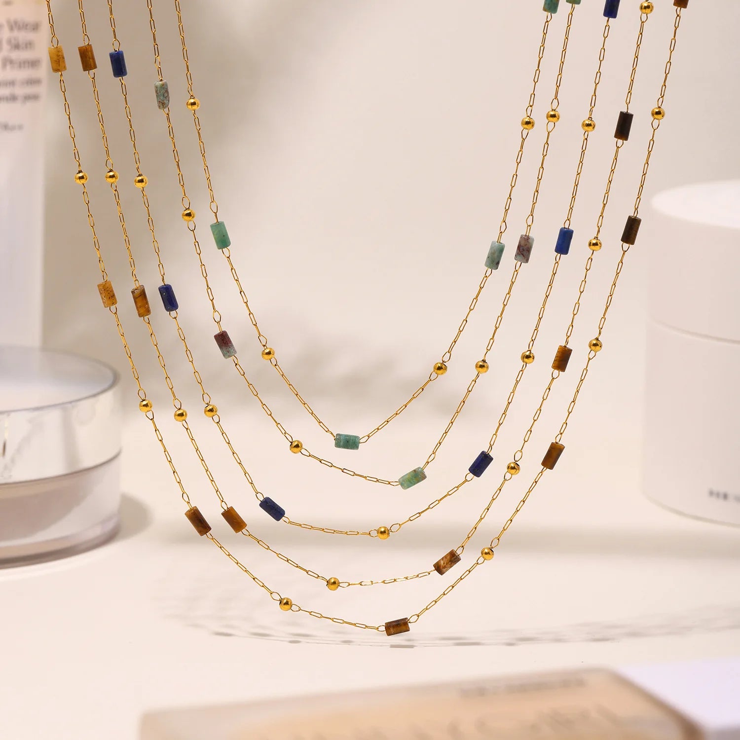 Fashion Chains Stainless Steel 18K Gold Plated Beaded Chain Natural Stone Pendant Necklace for Women