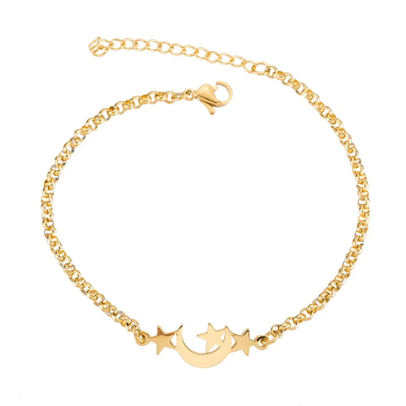 Fashion Tarnish Free 18K Gold Silver Plated Stainless Steel Charm Crescent Moon Star Bracelet Jewelry for Women