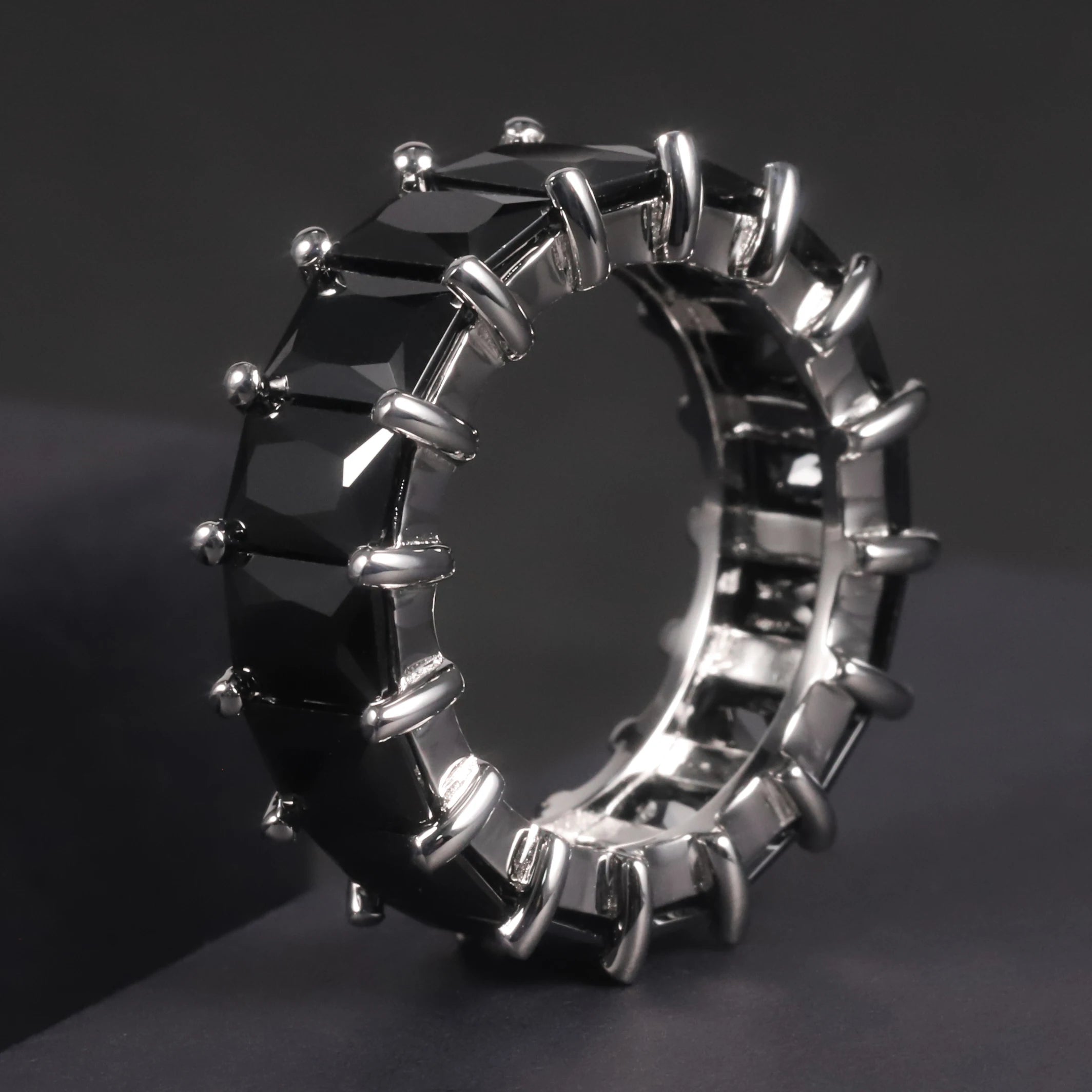 C7532 Fine Jewelry Guaranteed Quality Hip Hop 925 Sterling Silver Full Baguette Cut Black CZ Diamond Eternity Band Ring