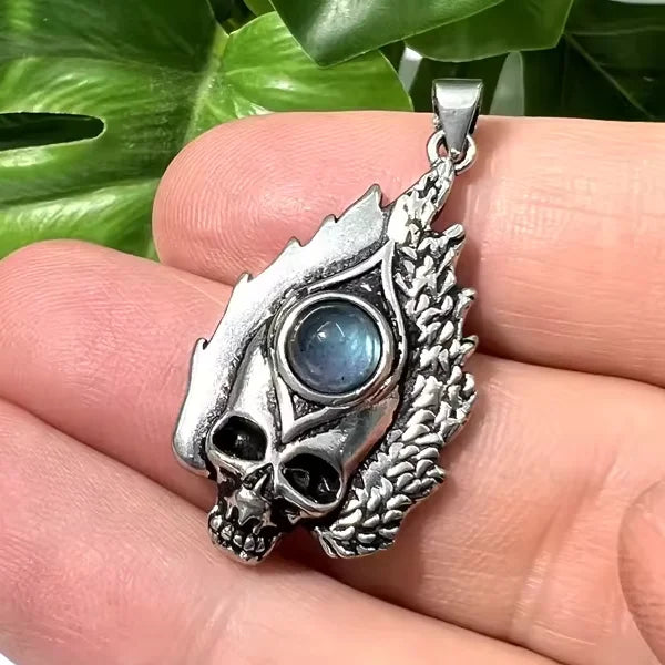 Hot Sale Men Women Punk Rock Flame Moonstone Beads Skull Head Pendant Antique Silver Plated Necklace Gemstone Charm for Gifts