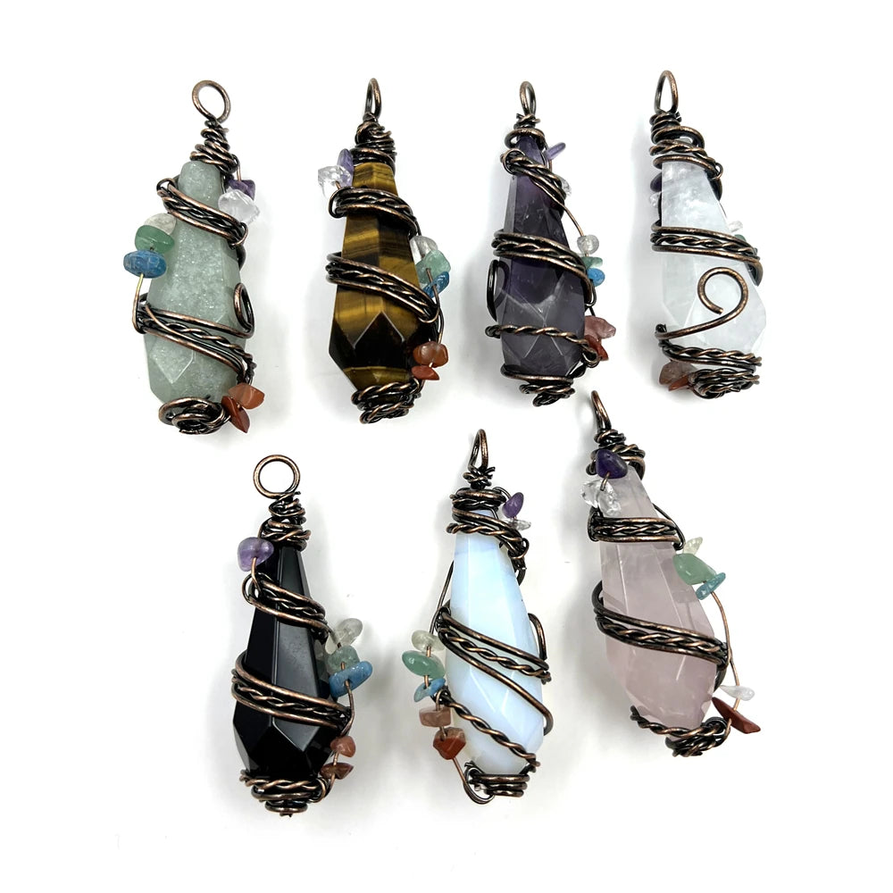 Antique Bronze Wire Wrap Crystal Pendant Multi Color Point Gemstone Reiki Chakra Stone Opal Charm for Necklace Jewelry Making