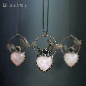 NM48694 Soldered Jewelry Raw Rose Quartz Crystal Heart Shape Moon and Star Pendant Leather Rope Necklace Antique Bronze Plated