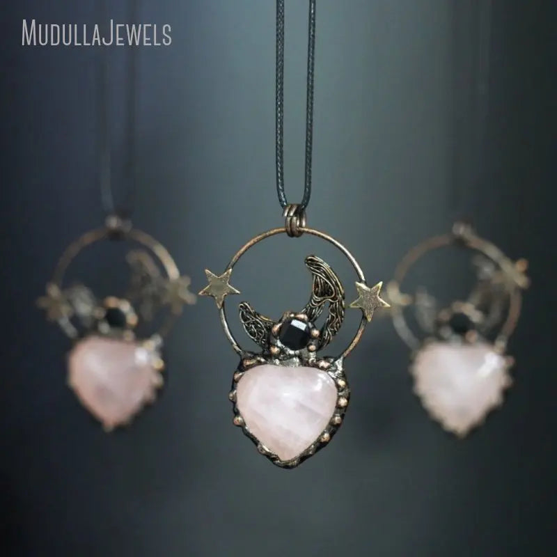 NM48694 Soldered Jewelry Raw Rose Quartz Crystal Heart Shape Moon and Star Pendant Leather Rope Necklace Antique Bronze Plated