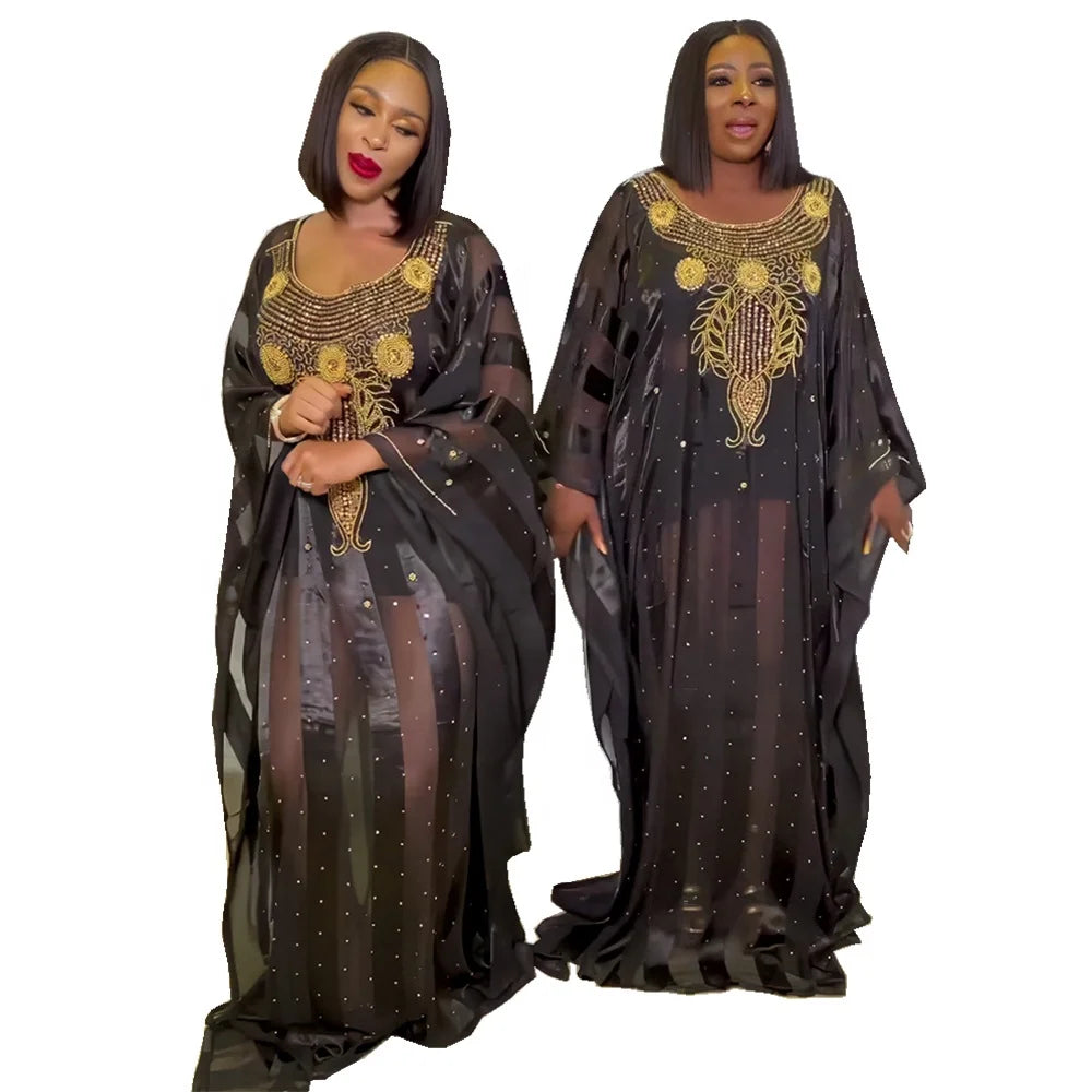 Best African Clothing Luxury Evening Dresses Chiffon Printing Two Piece Set Rhinestone Long Dresses Women Maxi Casual Ladies