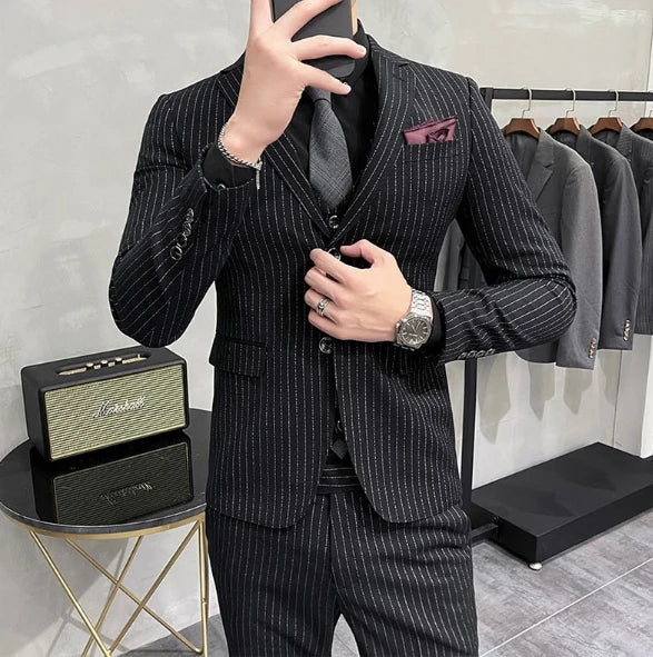 M-5XL Single Button Men's Striped Wedding Groom's Three Piece Suits Formal Man Suits for Business (Jackets+Vest+Pants)