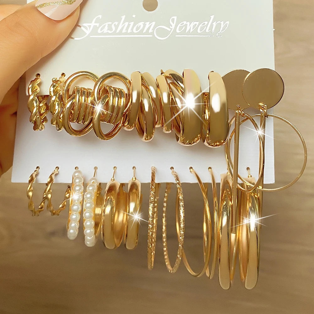 VKME Trendy Exquisite Geometric Gold Plated Pearl Earrings Fashion Hoop Earrings Set  for Women