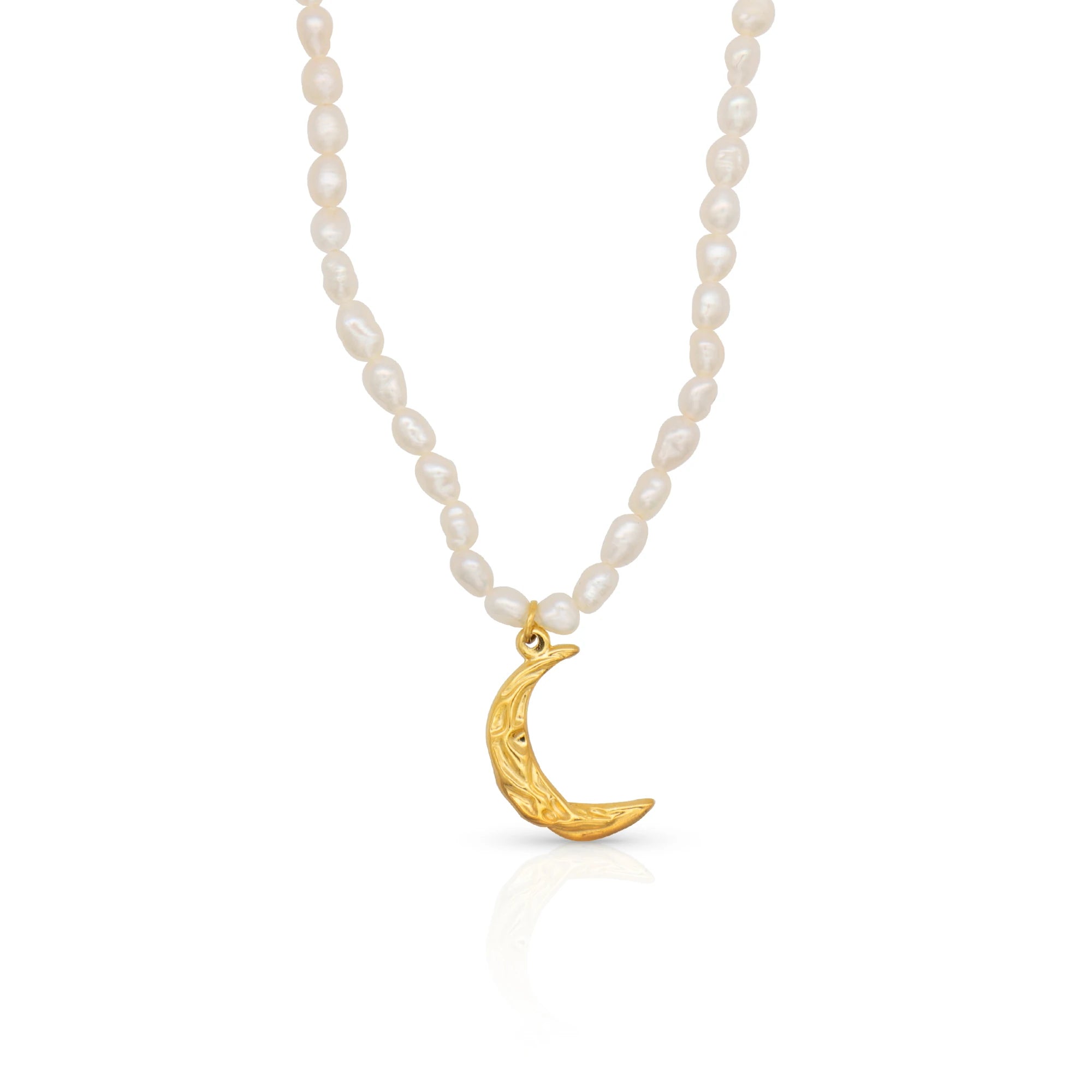Chris April in Stock 316L Stainless Steel Gold Plated Natural Freshwater Baroque Beads Chain Moon Pendant Necklace