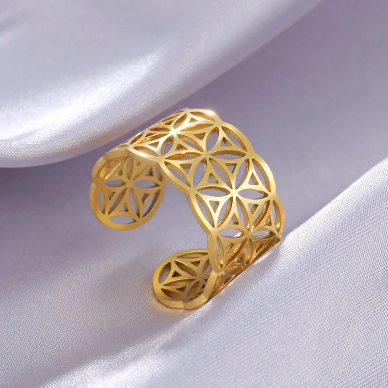Trendy Stainless Steel Flower  Ring Gold Color PVD Plating Finger Ring Fashion Women Flower Open Adjustable Ring