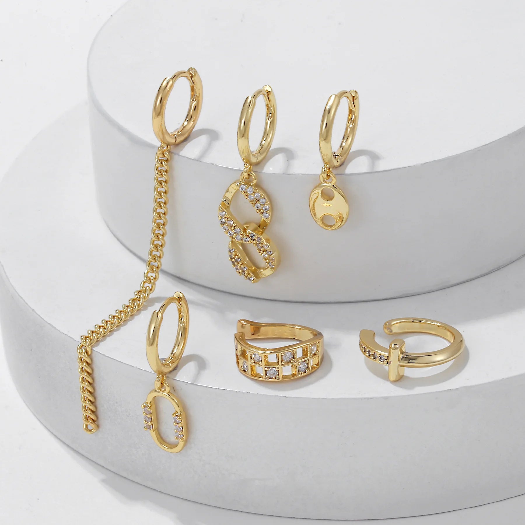 6Pcs Stylish 18K Gold Plated Chain Earrings with Zircon Crystals Perfect Gift for Her Earrings Set