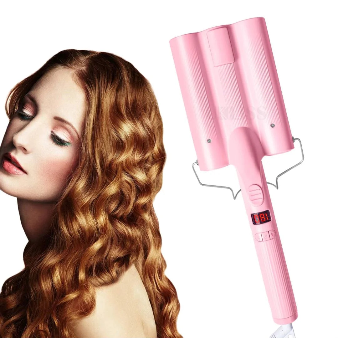 Portable Professional Electric 3-Barrel Rotating Deep Waver Hair Curling Tong Set Fast Heating PTC Iron LCD Temperature Display
