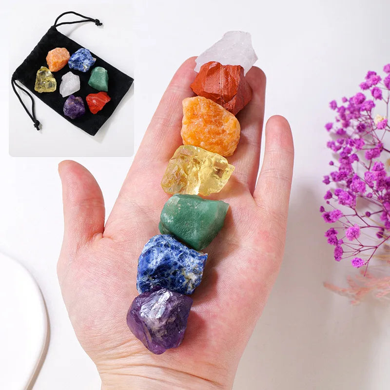 Wholesale 7 Chakra Crystal Raw Healing Stones Clear Rose Quartz Rough Chakra Set