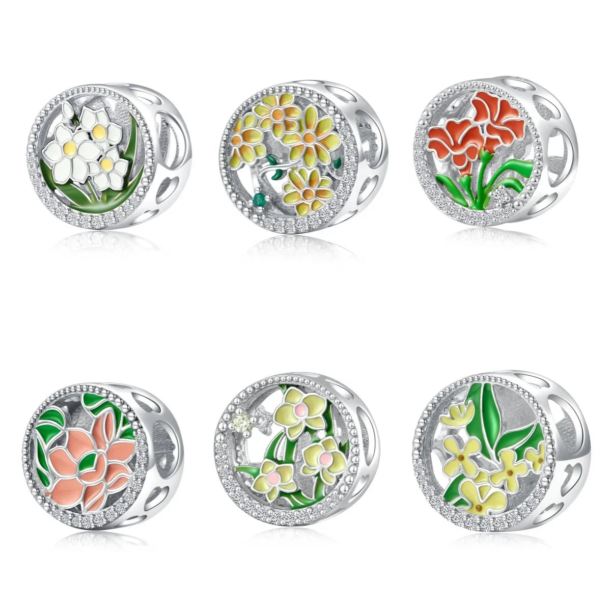 Elegant Flowers Charm Authentic 925 Sterling Silver Enamel Lovely Plants Fine Beads for DIY Charms Bracelet Women Jewelry Making