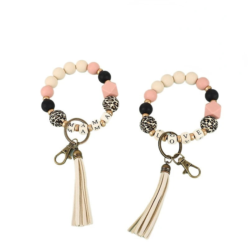 New Silicone Beads Bracelet Key Chain Leopard Beaded Bracelet Silicone Mama Bracelet Key Ring