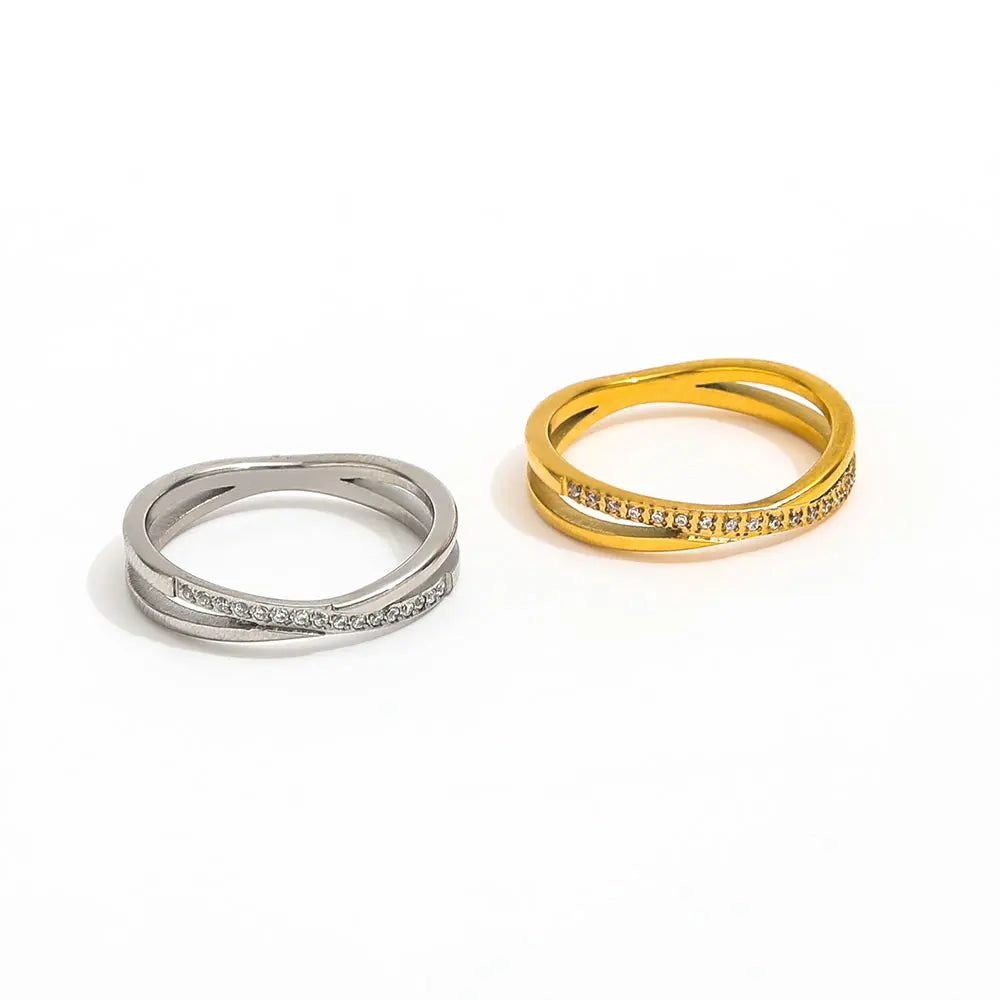 Joolim High End 18K Gold Plated Dainty Zirconia Half Pave Double-layer Cross Ring for Women Stainless Steel Trendy Jewelry