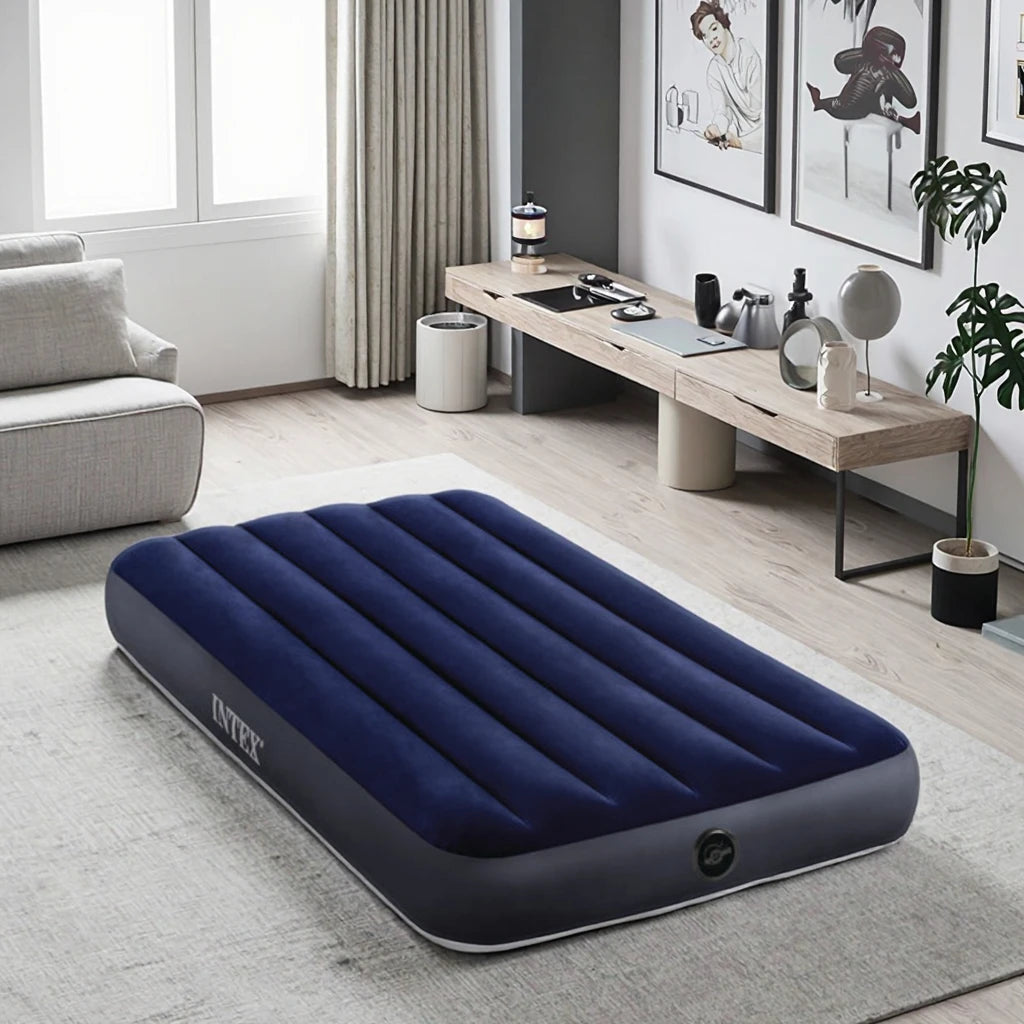 Intex Blue Flocked Single Inflatable Bed Modern Design Portable Air Mattress for Outdoor Camping Foldable Tent Included