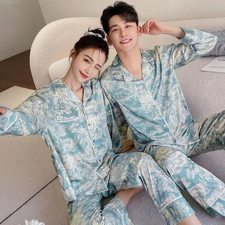 Custom Two Piece Pyjamas Luxury Couple Satin Silk Sleepwear Pajama Set for Women