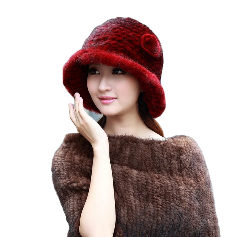 Chic Fashion Lady Women Winter Mink Fur Bucket Hat Women Thickness Warm Hat Cloche Fisherman Hat with Detachable Flower