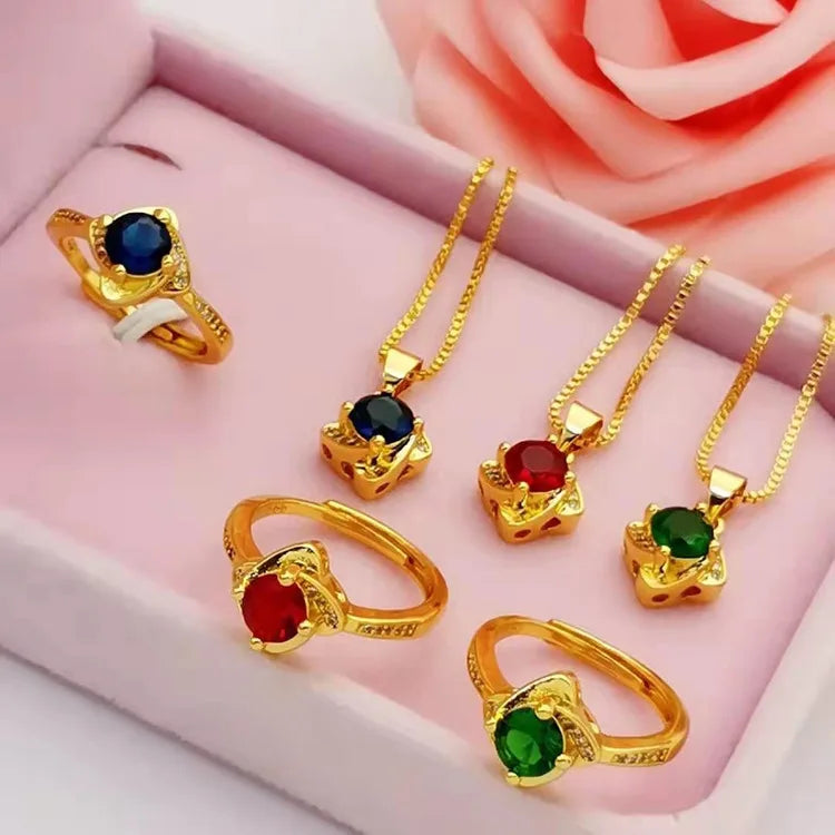 Gold Wholesale  Gold Plated  Diamond Jewel Pendant Imitation Gold Jewelry Factory Outlet Women'S Pendant Ring Two Piece Set
