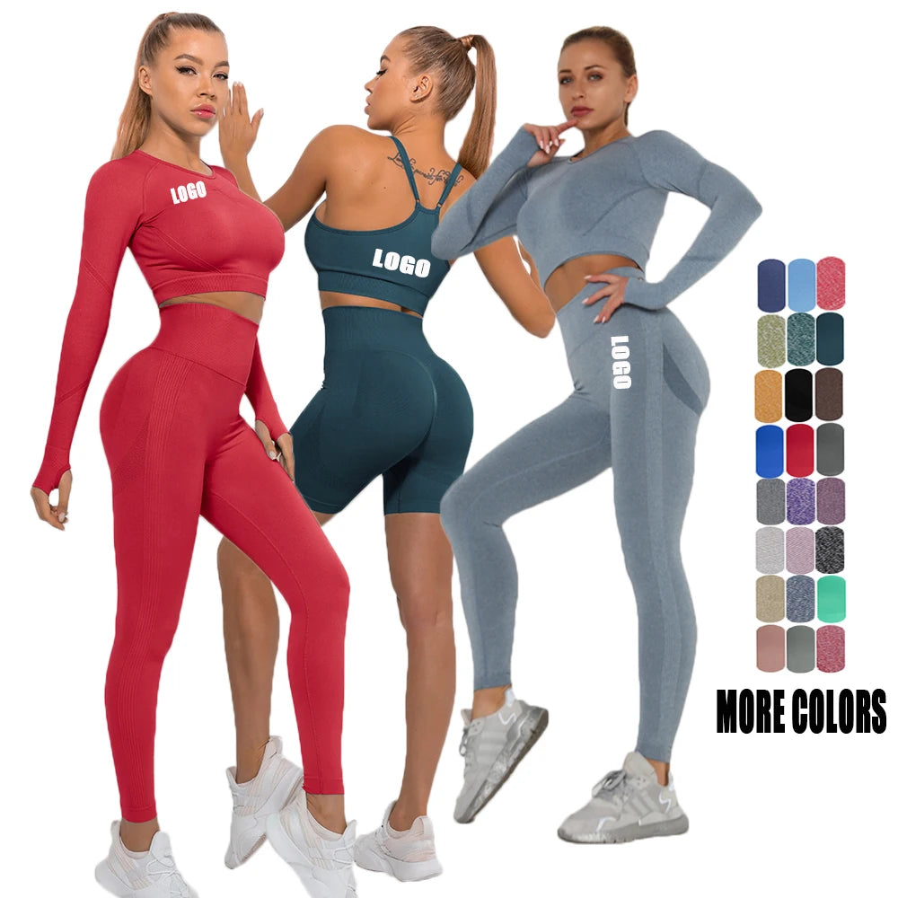 New Colors Women Yoga Suit Seamless Long Sleeve Crop Top and Leggings Yoga Gym Sets Fitness Women