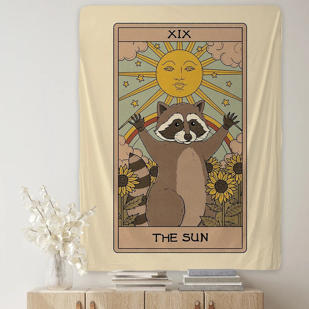 Cute Raccoon Tarot Tapestry AUBUSSON Woven Phycadelic Mysterious Art Boho Witchcraft Hippie Kawaii Aesthetic Room Home Decor