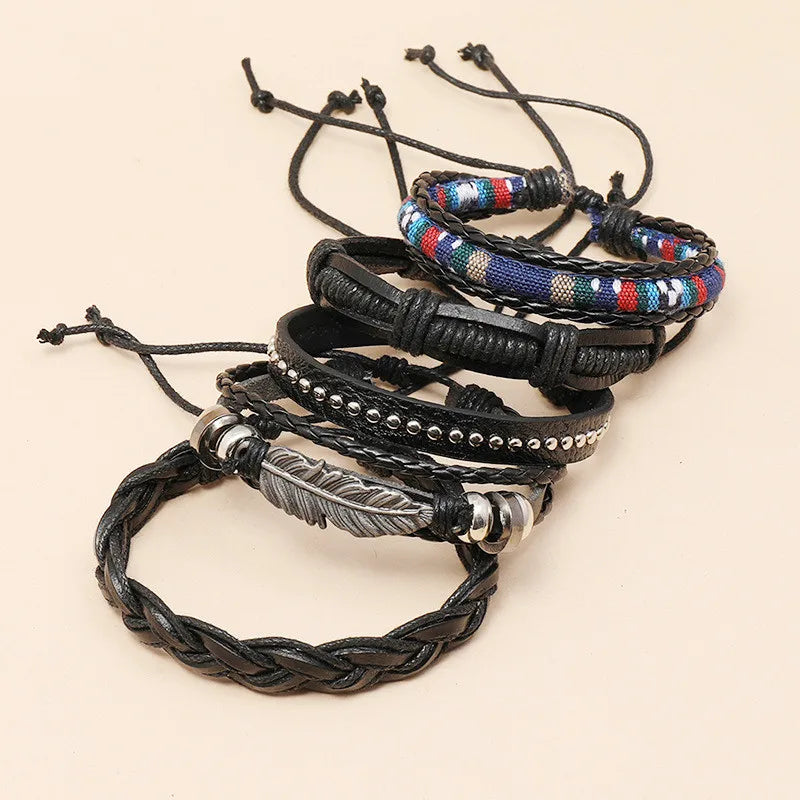 Trendy Girls Women Men Handmade Braided Rope PU Leather Bohemia Bracelet Set