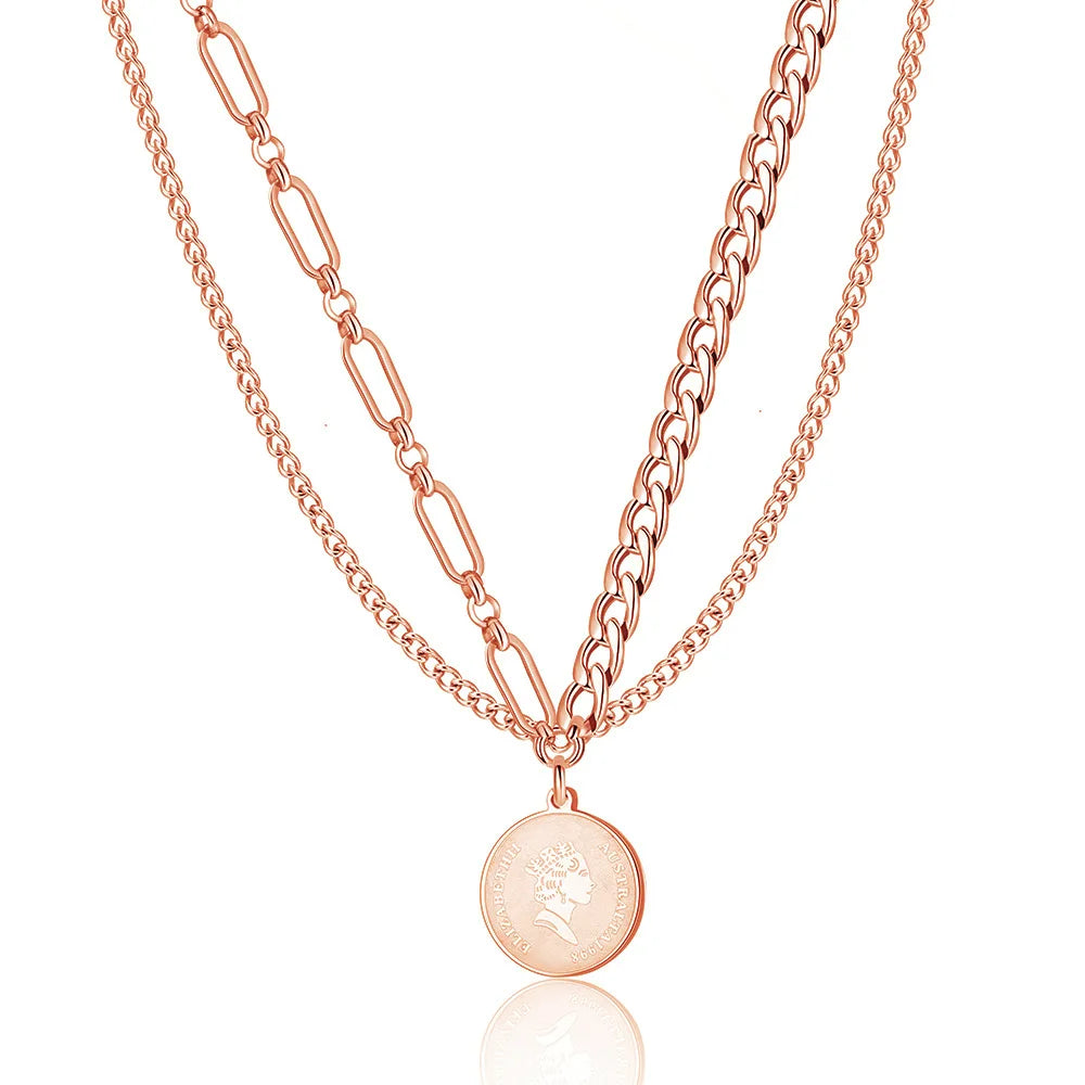 Hot Selling New Double-Layer Necklace for Ladies Personalized Fashion Disc Clavicle Trendy Link Mainly Made Stainless Steel