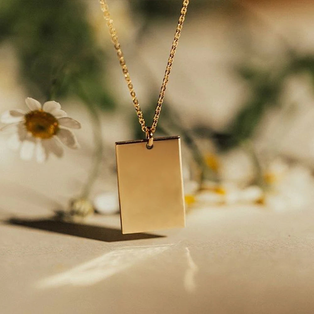 EManco Rectangle Engravable Personalized Pendant Necklace for Women Men Trendy Stainless Steel Gold Necklace