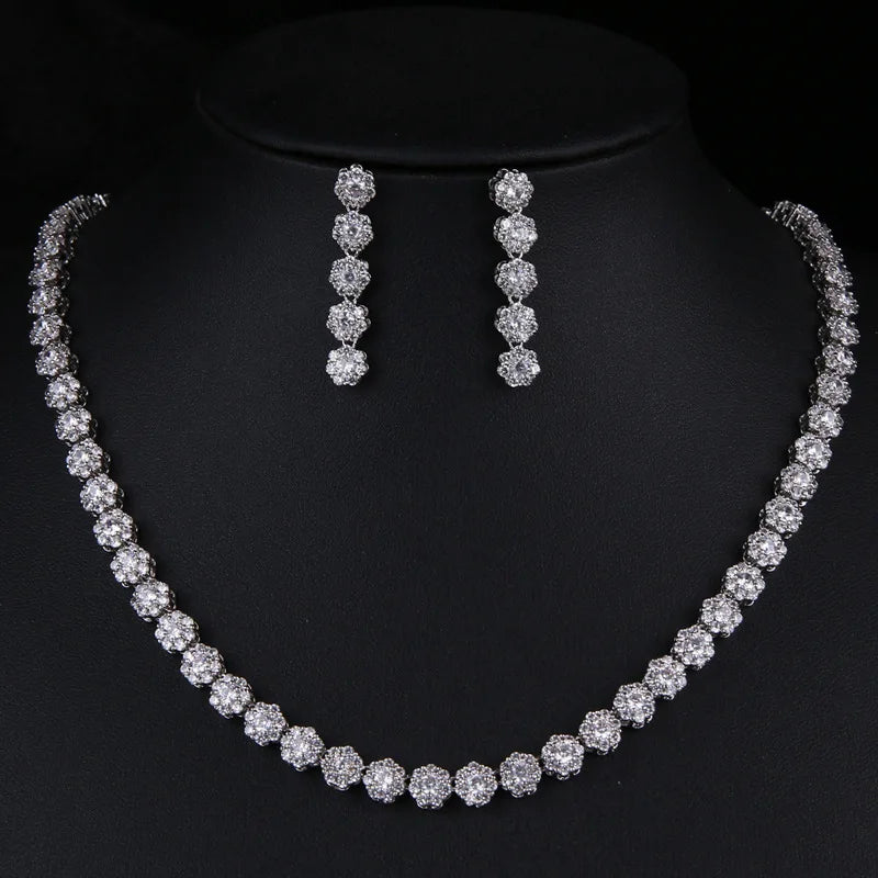 New Factory Luxury Crystal Wedding Jewelry Shiny Bridal Necklace Earrings Set Elegant Flower Zircon Jewelry Set for Women
