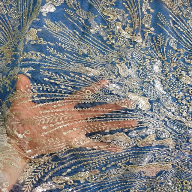 Gold Beaded Lace Fabric Bridal Crystal Sequins Lace Fabric Luxury Heavy Beaded Laces Fabrics for Women