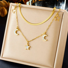 New Design Stainless Steel Star and Moon Pendant Necklace Tarnish Free 18k Gold Plated Double Layer Necklace for Women Lady