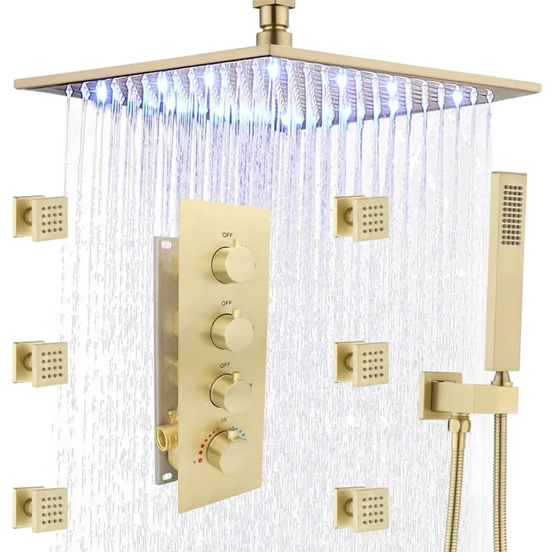 16-Inch Luxury LED Rainfall Thermostatic Brass Shower System Single Handle Jet Massage Chrome Finish Brushed Gold Complete Set