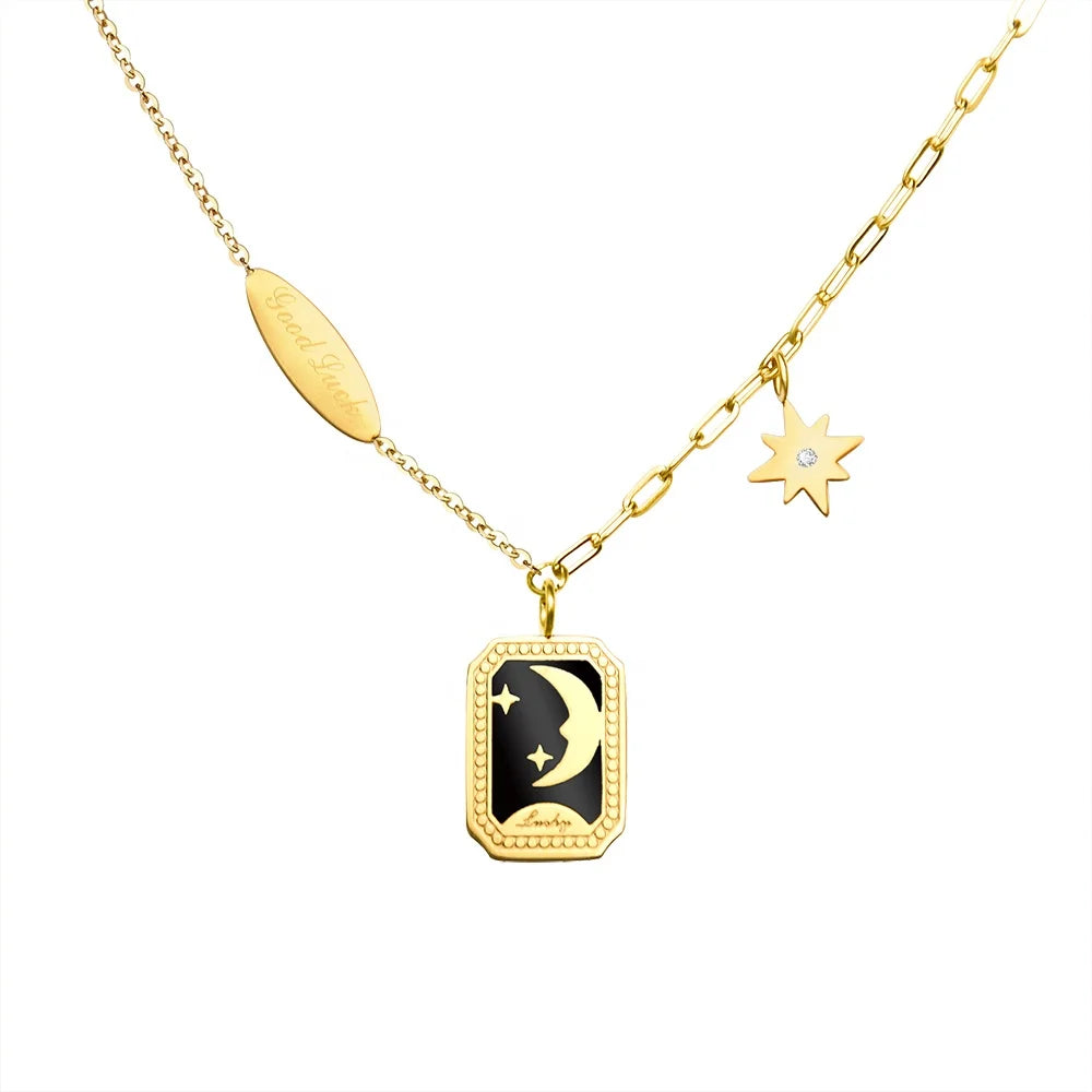 Stylish New Trend Clavicle Necklace with Initial Square 18K Gold Star 18K Plated Stainless Steel Link Chain