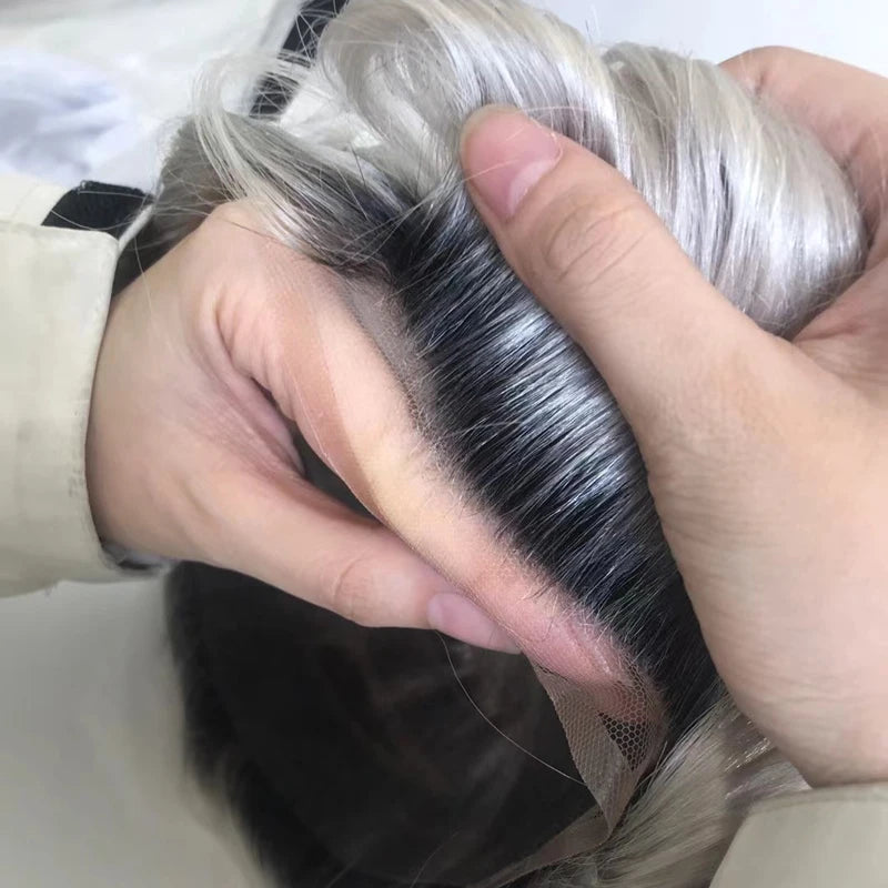 Front Real Swiss Lace on Rite Toupee Human Hair Hairpiece Dark Roots for Men With Around Translate Thin Skin
